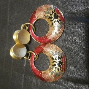 Vintage Cloisonne Red and Gold Tone  Peacock Earrings